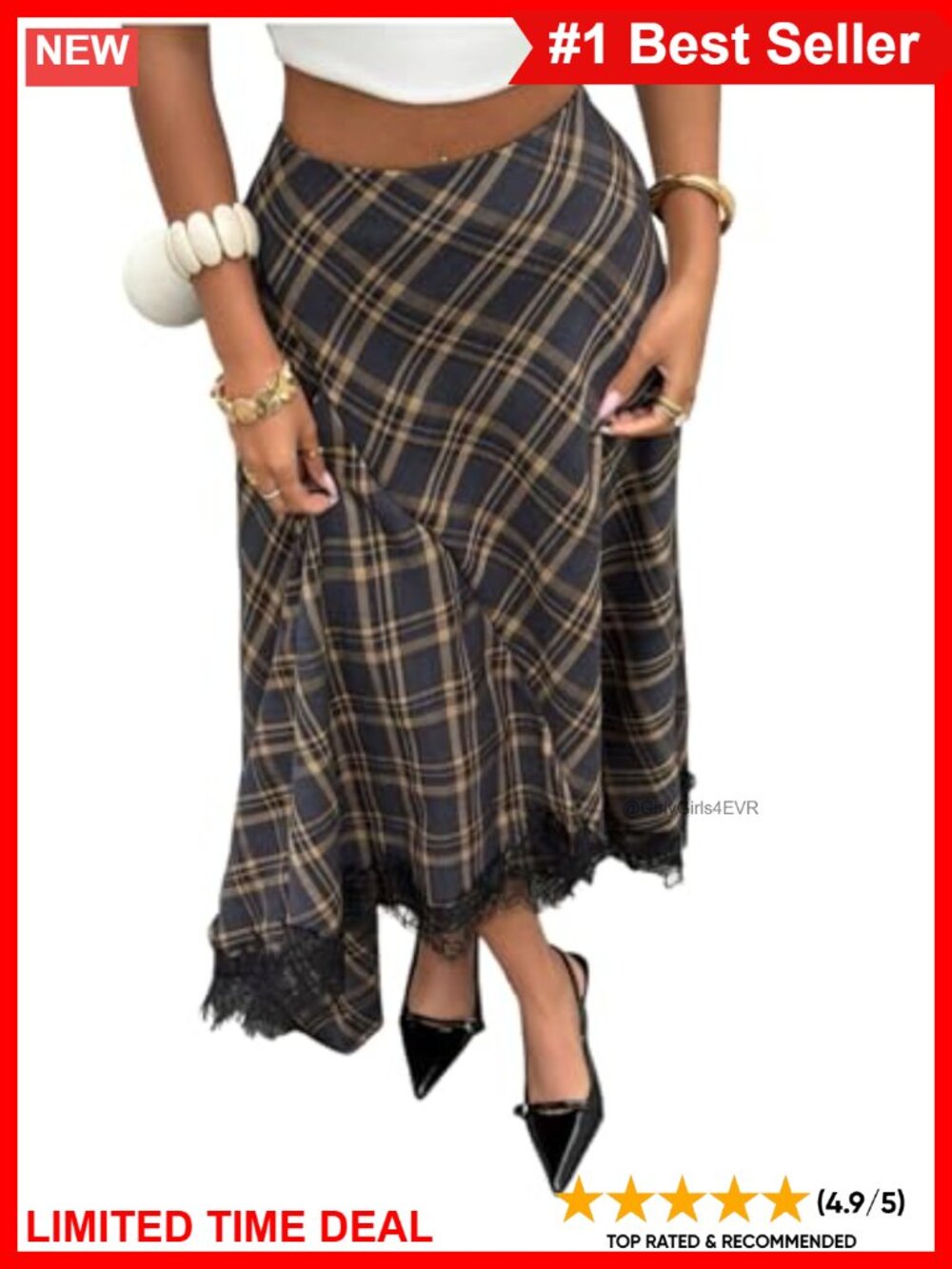 Plaid Lace Midi Skirt Flowy Asymmetrical Hem Retro Vintage Long Skirt